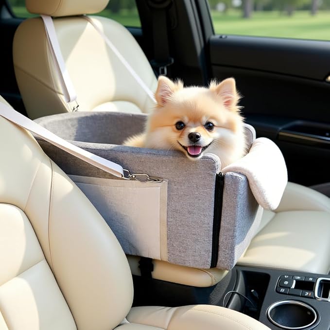 Multi-Function Small Dog Car Seat Center Console & Carrier - Sturdy Console Dogs Car Seats for Small Dogs & Cats, Pet Dog Bed for Cars Back Seat for Up to 11 lbs, 19 x 10 x 9.5 Inches, Gray
