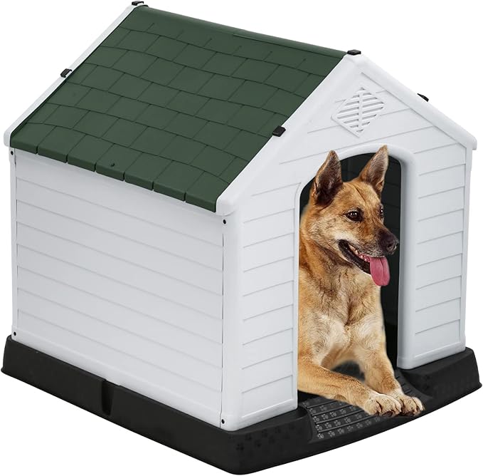FDW Dog House Indoor Outdoor Durable Ventilate Waterproof Pet Plastic Dog House for Small Medium Large Dogs Insulated Puppy Shelter Kennel Crate with Air Vents and Elevated Floor