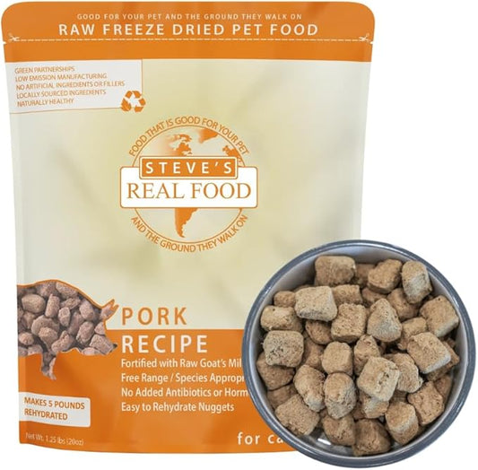 Steve's Real Food Freeze-Dried Raw Nuggets - Pork Recipe - Raw Pet Food for Dogs and Cats - 20 oz