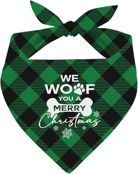 Dog Bandanas, Christmas Dog Bandanas, Green and Black Plaid Decor Dogs Bandana, Holiday Bandana for Small Medium Dogs, We Woof You A Merry Christmas Pet Triangle Scarf