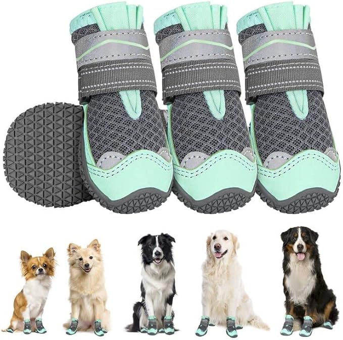 SlowTon Dog Shoes for Large Small Medium Dogs - Breathable Dog Boots for Summer Hot Pavement, Paw Protector for Outdoor Walking Winter Snow, Anti-Slip Rubber Dog Booties for Hardwood Floor (GR, 4)