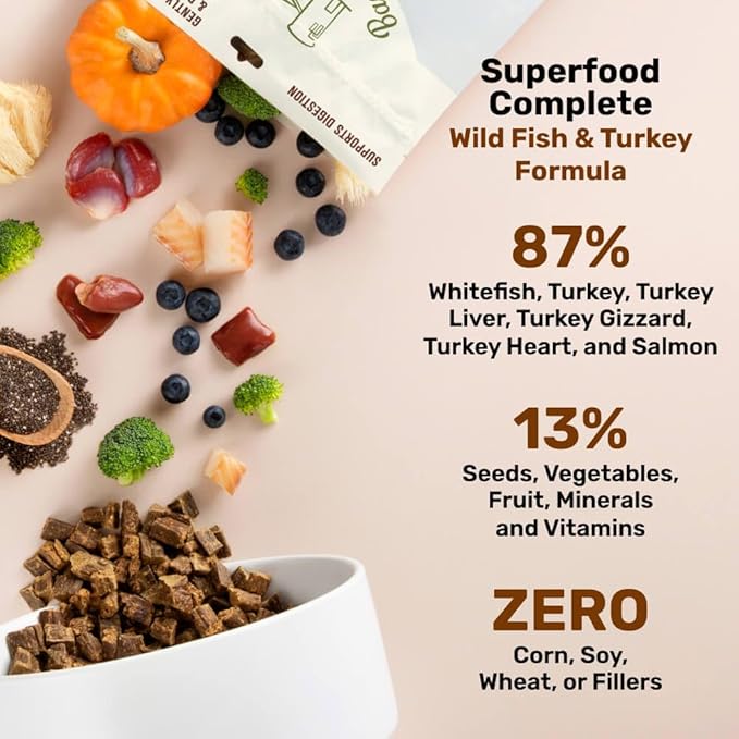 BADLANDS RANCH - Superfood Complete, Air-Dried Adult Dog Food - High Protein, Zero Fillers, Superfood Nutrition by Katherine Heigl (11.5 oz. Wild Fish and Turkey Formula)