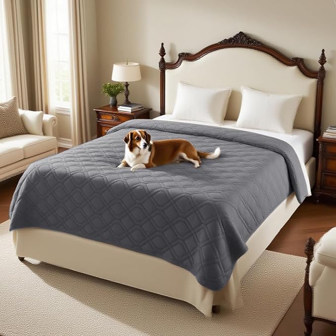 PrinceDeco Waterproof Blanket Dog Bed Cover with Non-Slip Back Pet Blanket for Furniture Bed Couch Sofa(52x82 Inch,Grey)