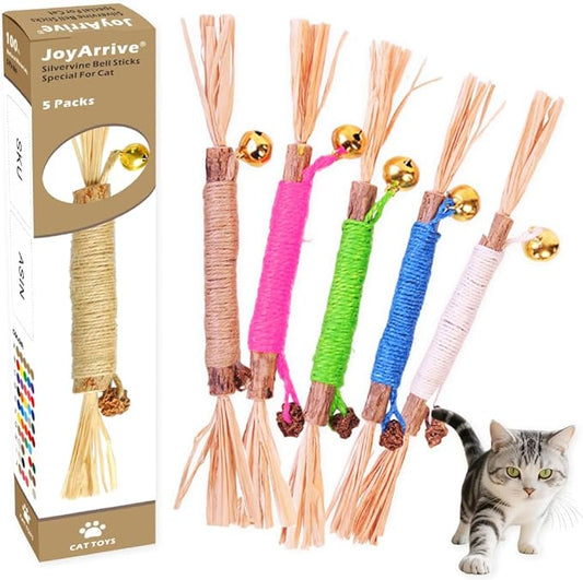 Natural Dried Matatabi Cat Chew Stick with Gall Fruit, Raffia Grass & Bell Cat Ball Toys, Handmade Silvervine Sticks Interactive Catnip Toys for Teething & Entertainment (Size M Color G)