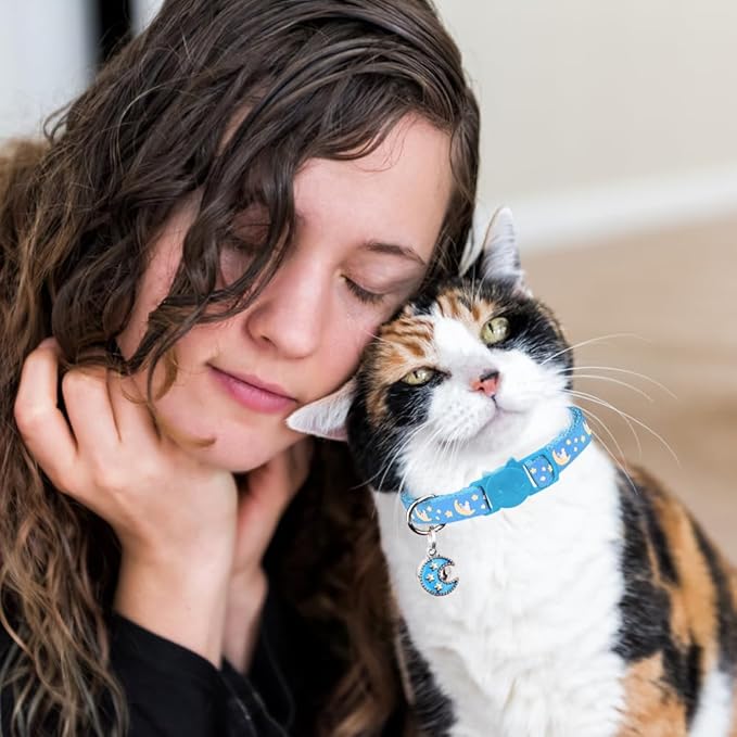 2Pcs Breakaway Cats Collars Cat Collars for Boy Cats Adjustable Kitten Collars with Bell,Black+Light Blue,8"-13.1"