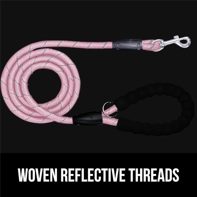 GORILLA GRIP Dog Leash, Heavy Duty Reflective Rope Leashes for Large, Medium, Small Breed Dogs, Puppy Training Essential for Walks, Hikes, Soft Handle, Rotating Metal Clip, Waste Bag Dispenser, Pink