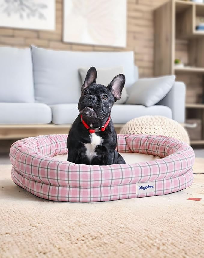 Orthopedic Dog Bed for Small Dogs, Pet Sofa Bed with Egg Crate Foam, 4-Sided Bolster, Removable Washable Cover & Anti-Slip Bottom, Small Pink Plaid