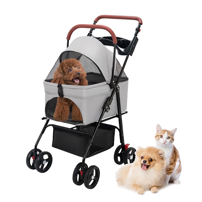Pet Stroller Pram Dog Carrier Trailer 4 Wheels Foldable Dog with Storage Basket,Holds up to 44 lbs,Adjustable Handle,Folding Travel Stroller Suitable for Traveling with Cats and Dogs (Grey)