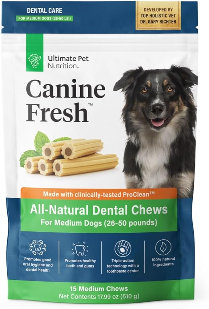 ULTIMATE PET NUTRITION Canine Fresh Dental Chews, Dental Dog Treats, Oral Care and Hygiene Sticks, Soothes Gums, Vet Developed, 15 Chews (Medium)