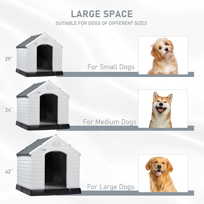LEMBERI Durable Waterproof Plastic Dog House for Small to Large Sized Dogs, Indoor Outdoor Doghouse Insulated Puppy Shelter with Elevated Floor, Easy to Assemble (Gray with Liner, 42''L*38''W*39''H)