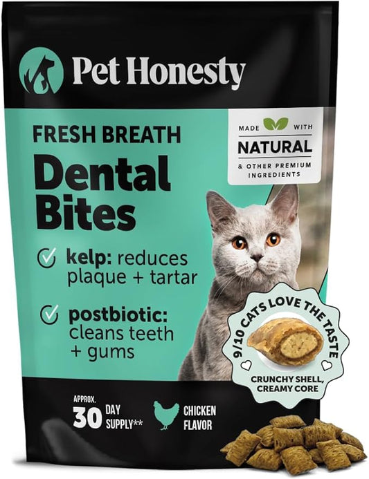 Pet Honesty Fresh Dental Bites for Cats - Crunchy & Creamy Cat Dental Treats for Fresh Breath, Plaque + Tartar Control, Cleans Teeth + Gums, Daily Cat Oral Care (30 Day Supply)