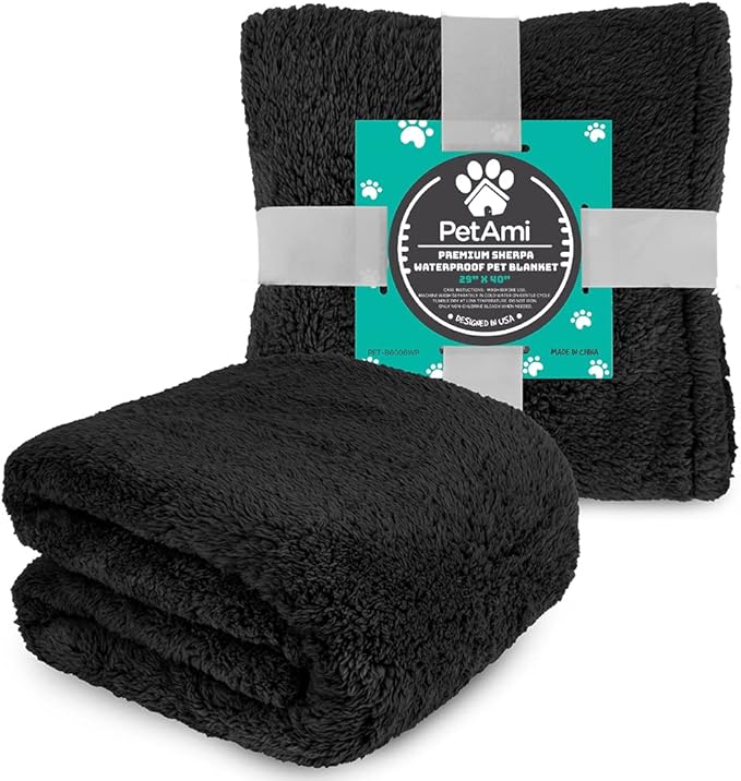 PetAmi Fluffy Waterproof Dog Blanket for Small Medium Dogs, Soft Warm Pet Sherpa Throw Pee Proof Couch Cover, Reversible Cat Puppy Bed Blanket Sofa Protector, Plush Washable Pad (Black, 24x32)