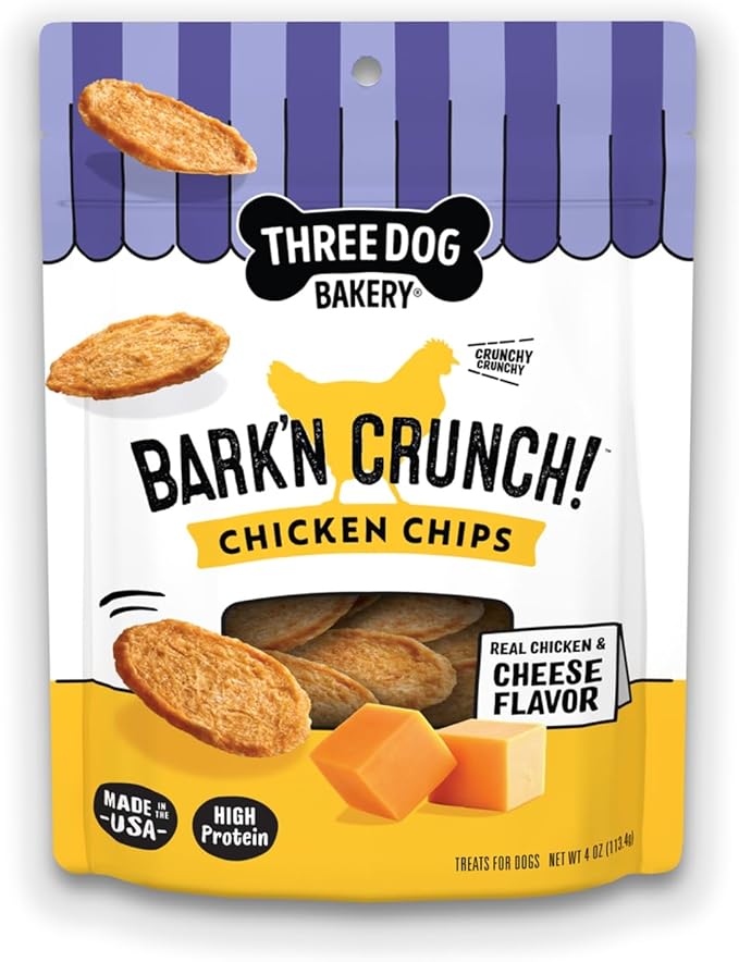 Three Dog Bakery Bark’N Crunch! Chicken Chips, Cheese Flavor, Crunchy Treat for Dogs, Two Ingredients, High Protein Snacks, No Artificial Flavors or Colors, Made in The USA, 4 oz.