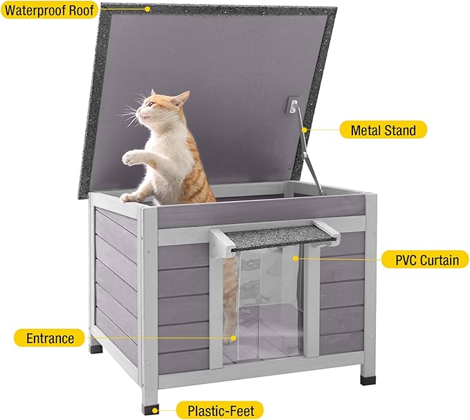 Aivituvin Cat House Waterproof Feral Kitty Shelter Outdoor Indoor Rabbit Hutch for Bunnies,Cats,Dogs and Other Small Animals,Asphalt Roof