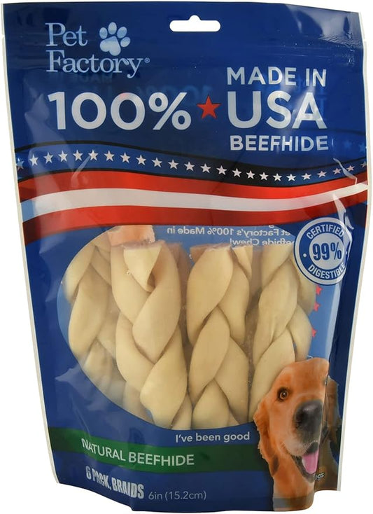 Pet Factory 100% Made in USA Beefhide 7" Braided Sticks Dog Chew Treats - Natural Flavor, 6 Count/1 Pack