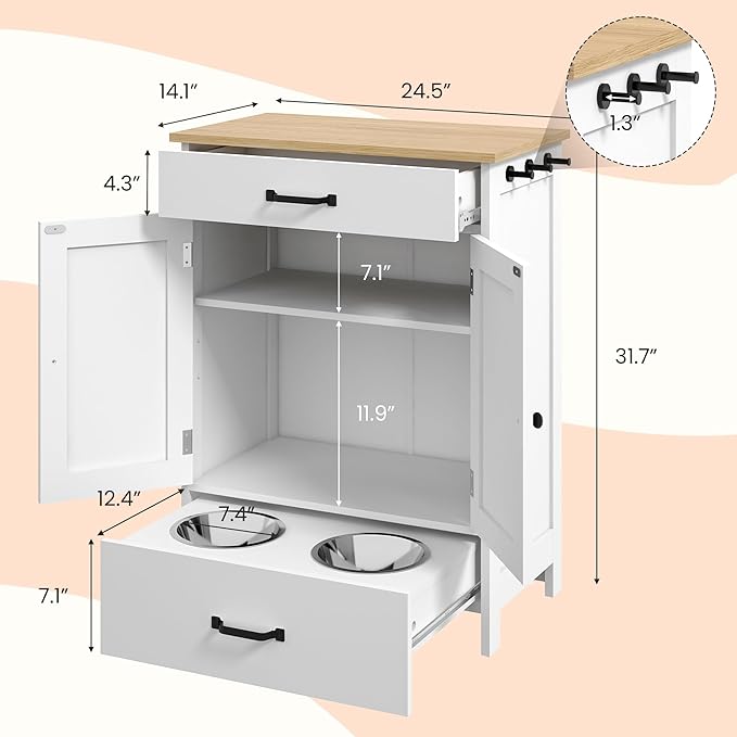 Dog Feeding Station with 2 Elevated Dog Bowls, Food Storage with Adjustable Shelf and Sliding Drawer, Hidden Pet Feeder Station for Cats and Dogs, White