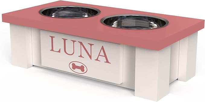 GrooveThis Woodshop - Personalized Elevated Dog Bowl Stand for Large, Medium, Small, X-Small Dogs - Stainless Steel Food and Water Bowls - Raised Dog Dish with Internal Storage (X-Small, Magenta)