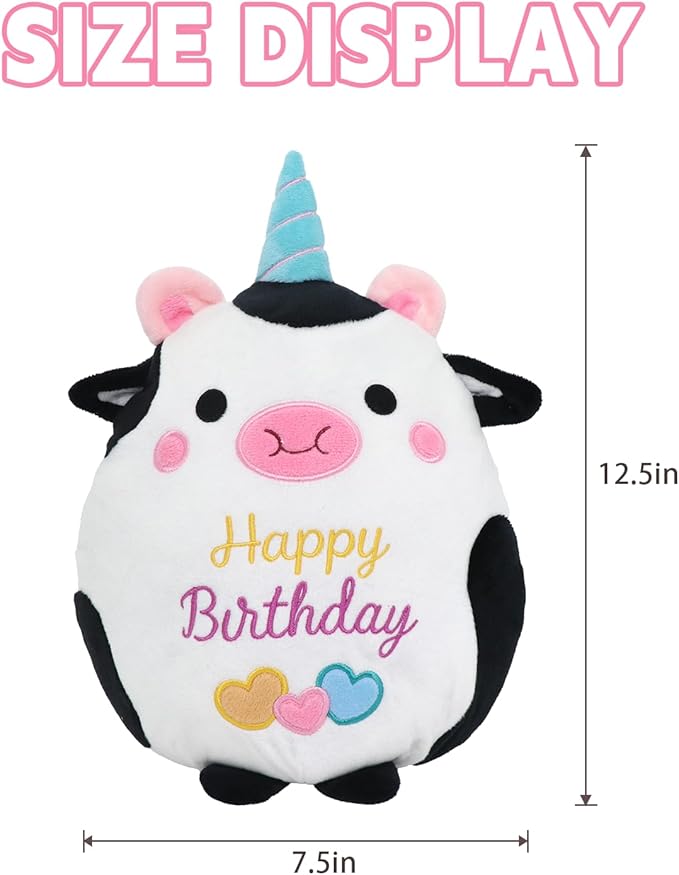 Cow Plush Toy 10 Inch Cute Cow Birthday Stuffed Animal Soft Cow Plushies Pillow Wear Unicorn Birthday Hat Kawaii Cartoon Doll Gifts for Kid Toddlers Home Room Decoration