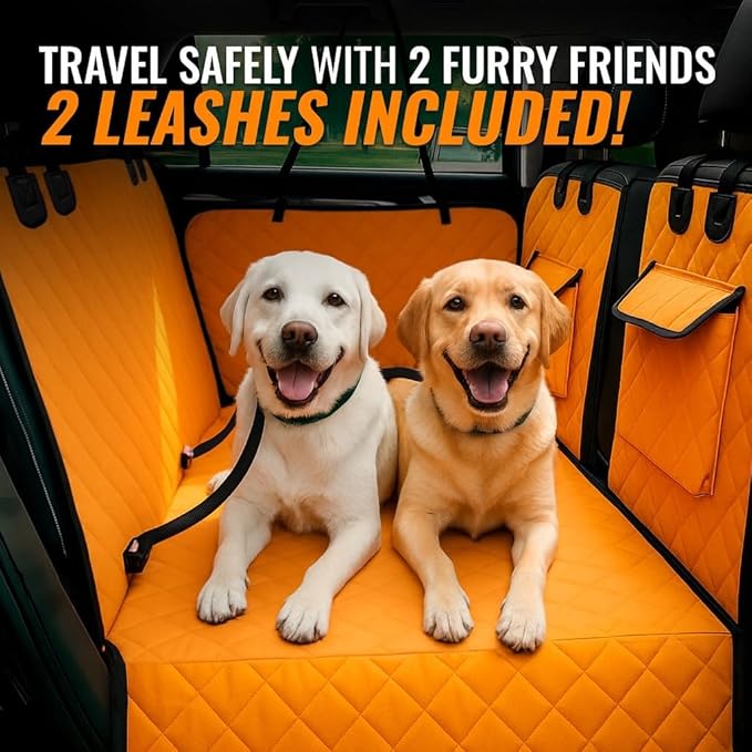 Back Seat Extender for Dogs with Waterproof Cover Hard Bottom Includes Pet Hair Remover and 2 Safety Straps Ideal for Large Cars and SUVs Perfect for Travel Road Trips Car Pet Bed Dog Seat Protector