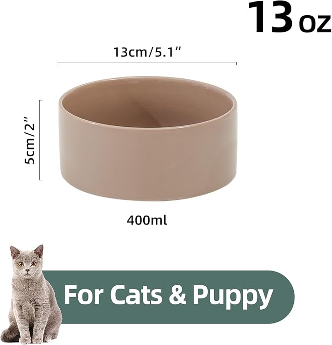 Ceramic 5.1inch Set of 2 Dog and Cat Bowls, 2pcs Anti-Slip Food and Water Feeder Dishes for Puppies, Kitties, Cats(2 Bowls, Brown Coffee)
