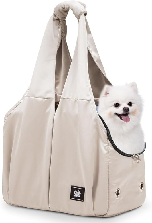 Dog Purse Carrier for Small Dogs, Cats, and Puppies – Soft-Sided Travel Pet Tote Bag with 4 Large Pockets, Foldable, Lightweight, Fits Pets up to 15 lbs, for Travel, Outings (Beige)
