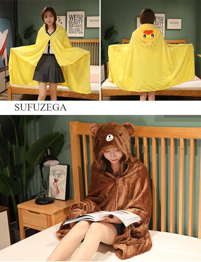 Cute Wearable Blanket Soft Cape for Adult Women Men Warm Cozy Hoodie Cute Animal Bear Cat Bunny Carpet Home