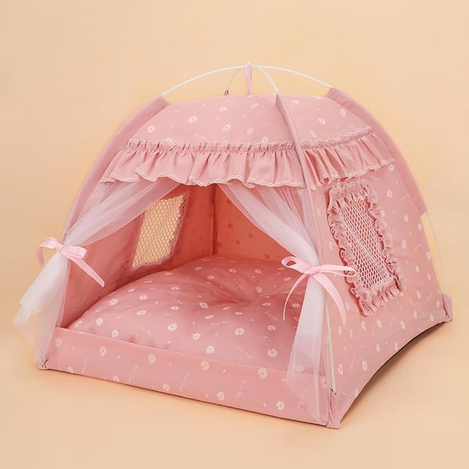 Cat Bed Tents Dog House Indoor Outdoor Lace Mesh Breathable Windows Door Curtains Removable Portable Nest Teepe House (Medium,Pink(Ruffled Teim))