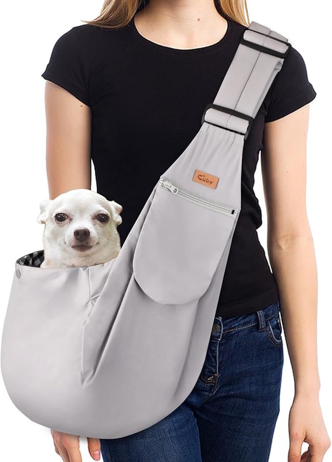 CUBY Dog and Cat Sling Carrier, Hands Free Reversible Pet Papoose Bag, Soft Pouch Adjustable, Suitable for Puppy Cats for Outdoor Travel (Grey Classic, S-Adjustable Strap)