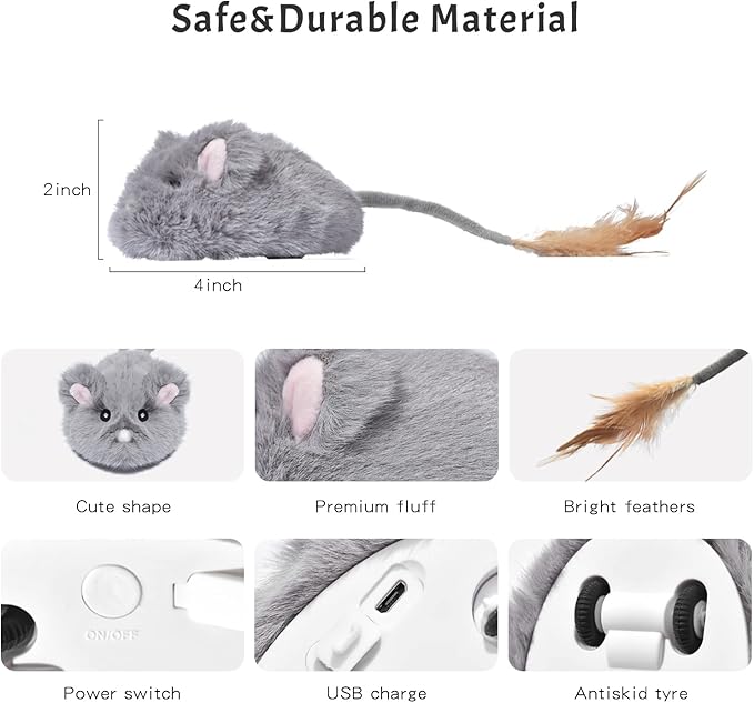 Automatic Cat Toy Cat Mouse Toy Moving Cat Toy with Furry Tail Boredom Busters Interactive Cat Toys for Indoor Cats Hunting Cat Mice Toys (Grey)