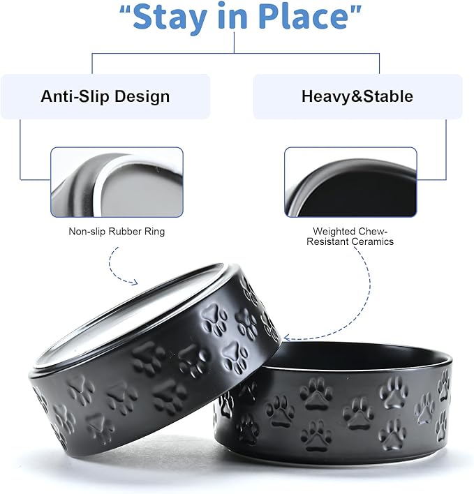 SPUNKYJUNKY Ceramic Dog Bowls 2 Pack, 7.3'' Dog Food Water Double Feeding Bowls Non-Slip for Medium to Large Sized Breed Microwave Dishwasher Safe - 42 OZ, 2pcs, Paw Black