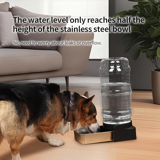PAKEWAY 2.3 Gallon / 8.6L Automatic Gravity Dog Water Bowl Dispenser, Stainless Steel Large Capacity Pet Waterer with 3 Filters for Medium & Large Dogs and Cats