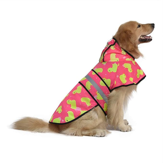 HDE Dog Raincoat Jacket Reflective Adjustable Hooded Pet Poncho Rain Coat with Leash Hole for Small to X-Large Dogs Pink Ducks - L