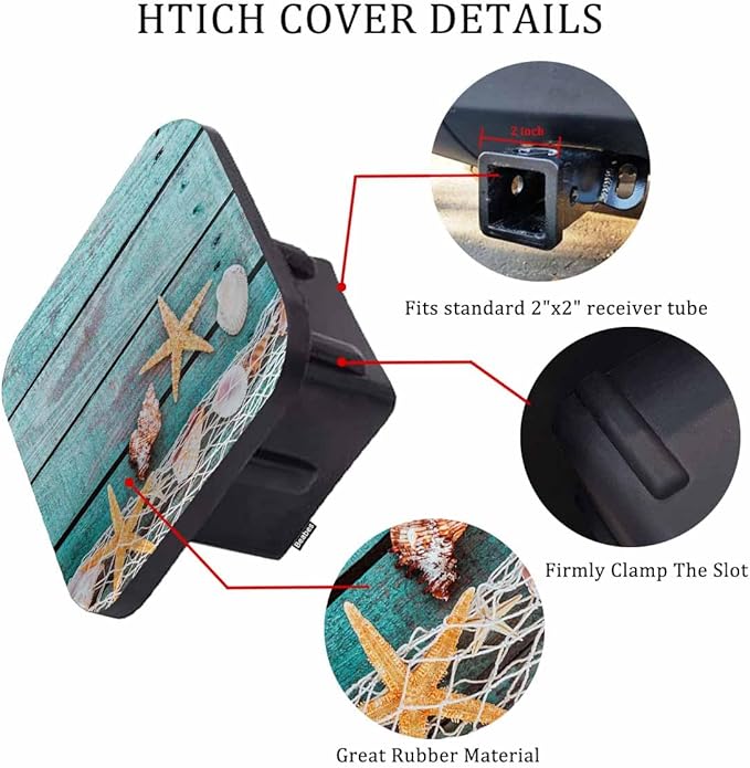 Beach Seashells Hitch Cover Rustic Fishing Net and Starfish Turquoise Blue Wooden Rubber Trailer Hitch Cover Receiver Tube Covers Plug Cap Fits 2 Inch Receivers for Pickups Trucks SUVs Cars