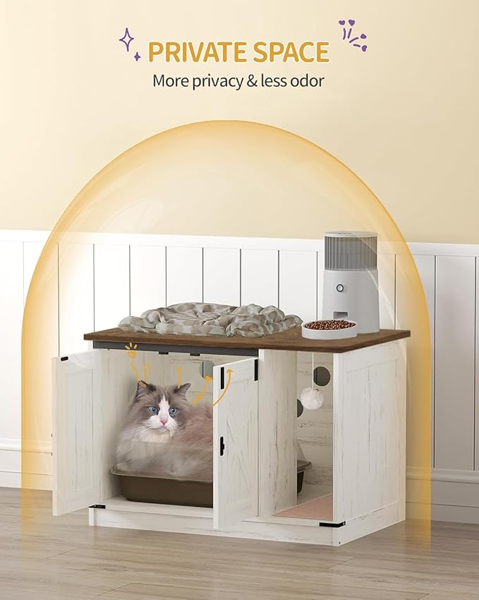 Cat Litter Box Enclosure, Hidden Litter Box Cabinet Furniture with Bell, Indoor Cats House, Farmhouse Style, 31.5 x 19.7 x 20.9Inches, for Hallway, Bedroom, Rustic Brown and White CB82414X