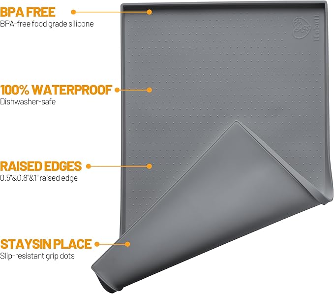 Hubulk Dog Feeding Mat,100% Waterproof Food Grade Silicone Pet Food and Water Bowl Placemat,Dishwasher, High Raised Edge to Prevent Spills,Nonslip Tray to Stop Messes on Floor (19"x12"x0.5", Grey)