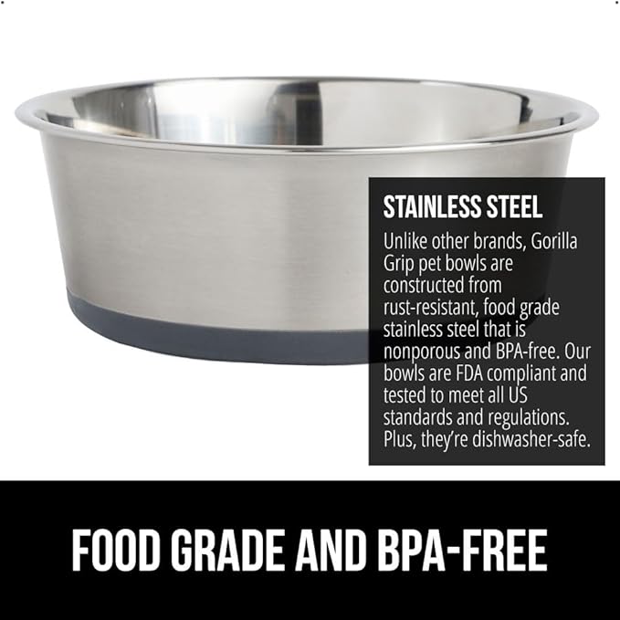 GORILLA GRIP Dog Bowl, Holds 4 Cups (32 fl oz), Heavy Duty Metal Food and Water Bowl for Feeding Dogs and Cats, Easy Clean, Dishwasher Safe, Rust Resistant Stainless Steel, BPA Free Rubber Base, Gray