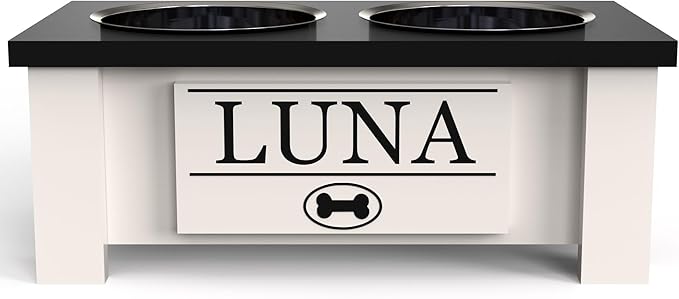 GrooveThis Woodshop - Personalized Elevated Dog Bowl Stand for Large, Medium, Small, X-Small Dogs - Stainless Steel Food and Water Bowls - Raised Dog Dish with Internal Storage (Small, Black)