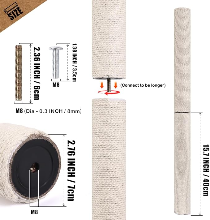 OSPNIEEK 4 Pack 15.7" M8 Cat Scratching Post Replacement, Natural Sisal Rope Kitten Tree Scratcher Refill with Screws, DIY Hemp Scratch Pole Parts for Indoor Cats Tower Refurbishment Accessories