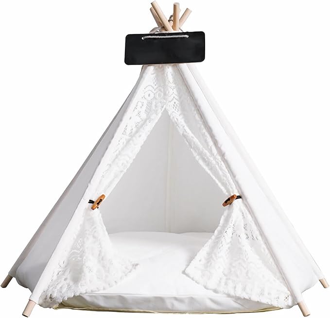 Cat Teepee Tent Bed,Outdoor Indoor Dog House,Portable Washable Pet Tent for Small Dogs with Cushion,Inside Pet Teepee for Small Medium Animals (White Lace, L)