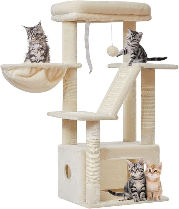Taoqimiao Cat Tree,38.5-Inch Cat Tower for Indoor Cats,Suitable for Kittens with Luxurious cat condo with Adjustable Baskets and Luxurious Perch Beige MS029SM