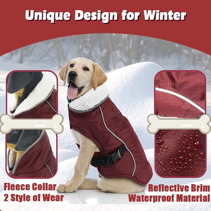 EMUST Winter Dog Jacket, Windproof Dog Apparel for Cold Weather, Reflective Warm Coats for Dogs, Warm Puppy Jacket for Cold Winter, Burgundy, S