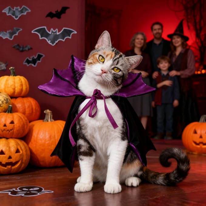 Halloween Pet Costume Premium Cape for Cats and Small Dogs - Adjustable Vampire Cloak, Wizard & Witch Cosplay Outfit with Secure Tie-good cat halloween costumes Closure for Halloween,Christmas（purple）