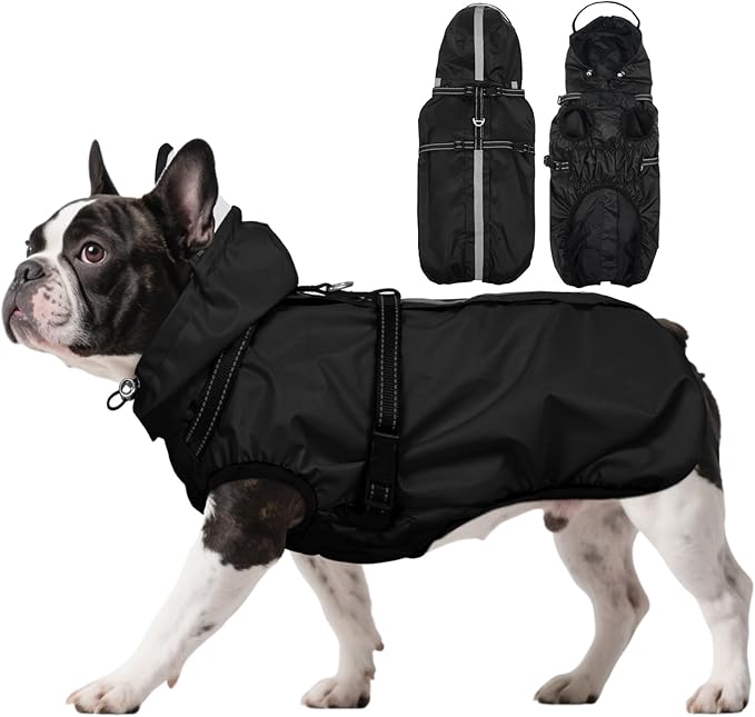 Dog Raincoat for Medium Dogs, Dog Rain Jacket with Adjustable Built-in Harness & Back Zipper, Reflective Strip, Removable Hood, for Rainy Walks, Muddy Roads or After-Bath Outings - Black M