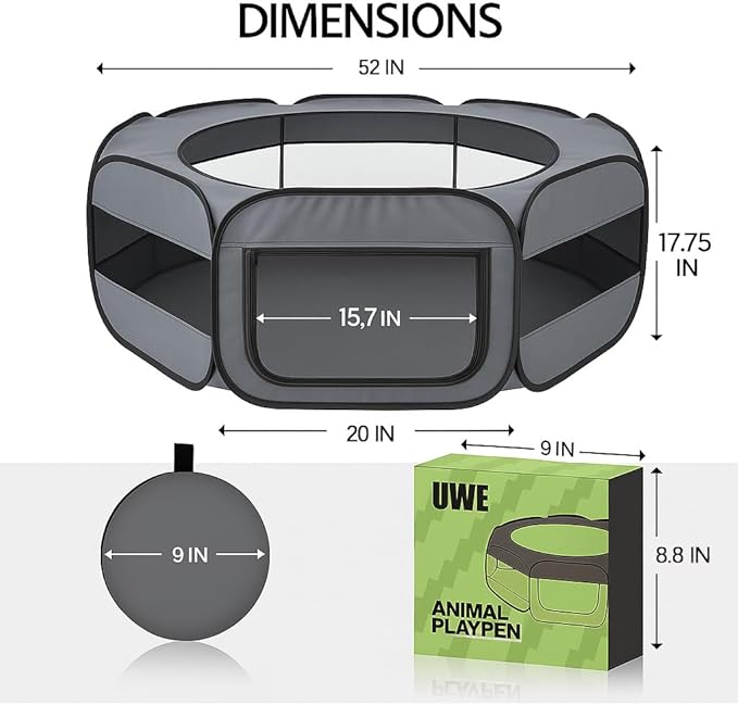 UWE Extra Large Small Animal Playpen, XL Portable Pet Playpen for Rabbit, Kitten, Guinea Pig, Hamster, Puppy – Waterproof Foldable Mesh Tent with Zipper Cover, Indoor Outdoor Use, Dark Grey