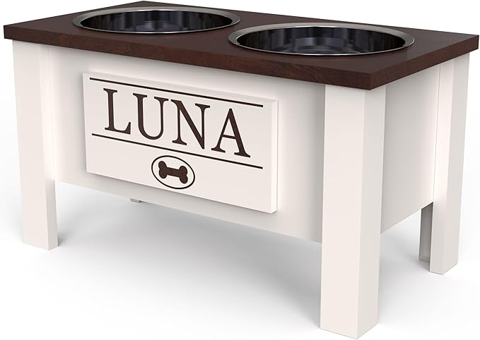 GrooveThis Woodshop - Personalized Elevated Dog Bowl Stand for Large, Medium, Small, X-Small Dogs - Stainless Steel Food and Water Bowls - Raised Dog Dish with Internal Storage (Large, Dark Walnut)