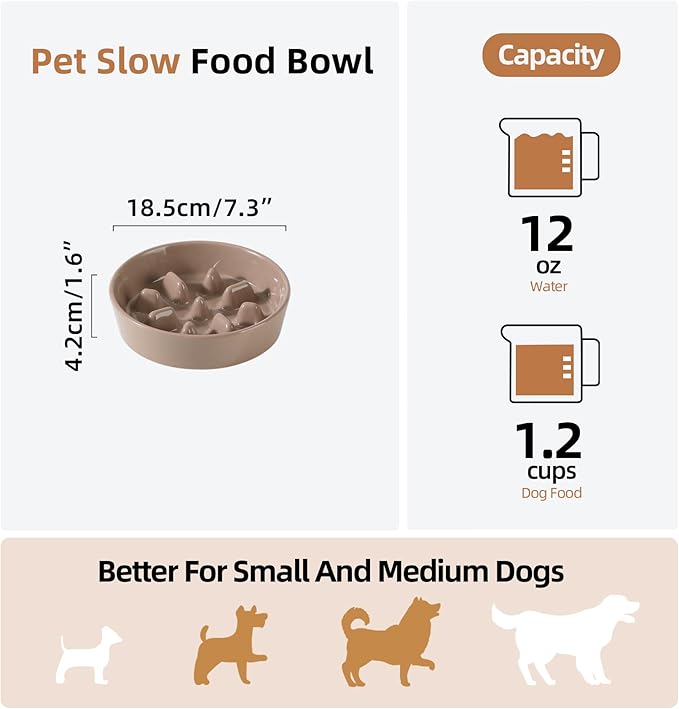 Ceramic 1.2 Cup Dog Bowl Slow Feeder, 7.3 inch Slow Pet Food Dish for Medium and Small Dog, Stop Bloat, Stop Bloat, Preventing Choking(Single Bowl, Brown Coffee)
