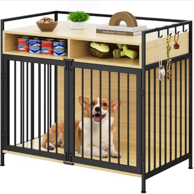 YITAHOME Large Dog Crate, 41" Heavy Duty Dog Kennel with 2 Drawers End Table, Wooden Dog Cage Indoor Dog House Pet Crate Table with Double Doors for Large Medium Small Dogs, Walnut Color