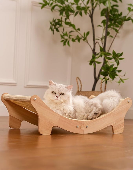 Natural Sisal Cat Scratcher Bed for Indoor Cats Scratching Post Hammock Lounge with Oak Frame, Wooden Cat Furniture for Large Cats, Modern Scratcher