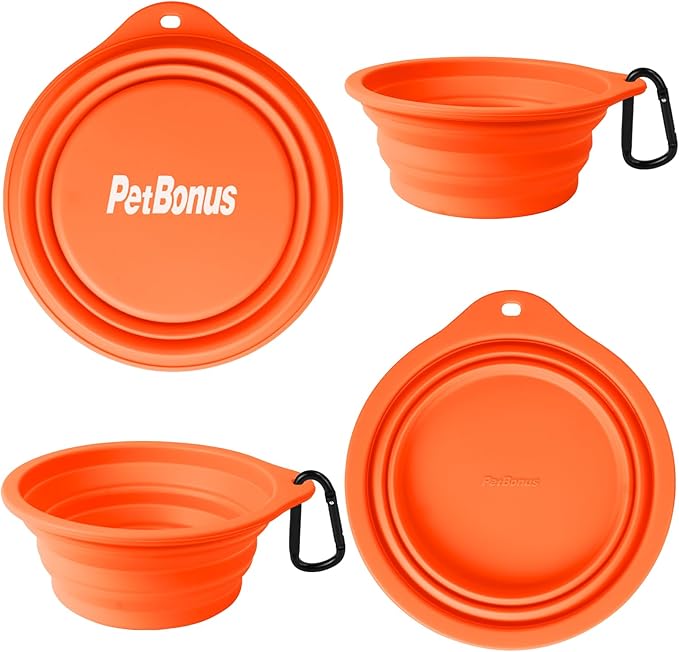 PetBonus 2-Pack Large Silicone Collapsible Dog Bowls, 34oz/1000ml BPA Free Portable Foldable Travel Bowl for Pet Cat, Food Water Feeding Dish for Camping with 2 Carabiners (Green, Orange)