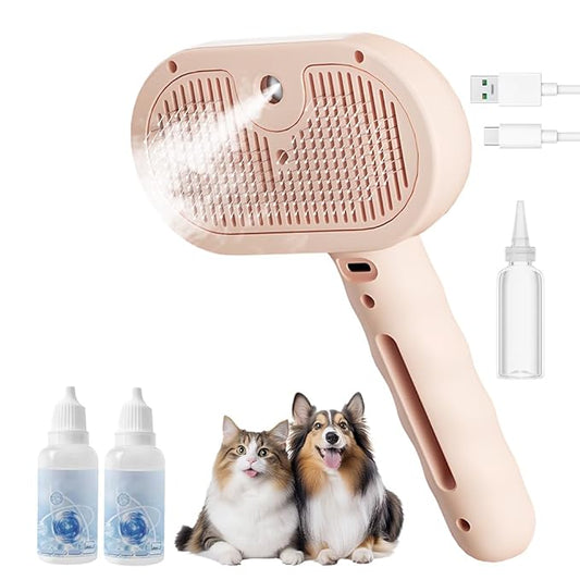 Pet Steam Brush for Dog Cat, 3 in 1 Pet Steam Groomer Comb for Indoor, Rechargeable Pets Spray Grooming Comb for Shedding Hair Removal, Mist Spray Combs for Long Short Haired Pets (Pink)